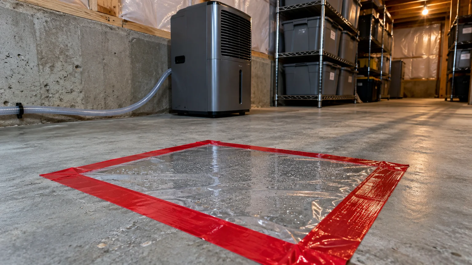 Clear plastic taped to a concrete basement floor with red tape beside a dehumidifier with a drainage hose.