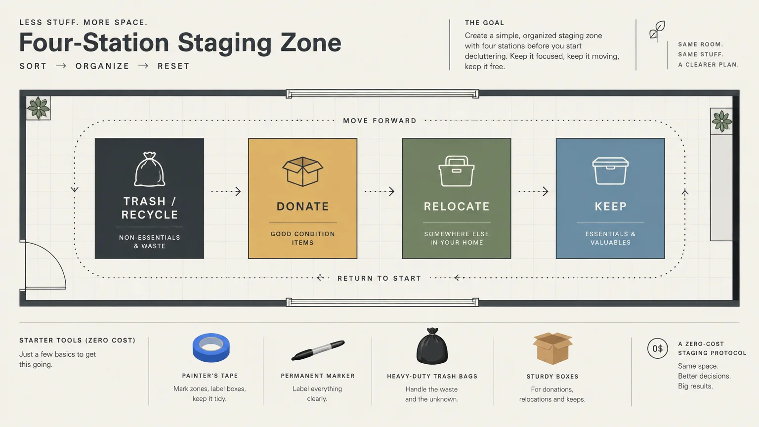 Diagram of a four-station staging zone showing trash, donate, relocate, and keep stations with starter tools listed below.