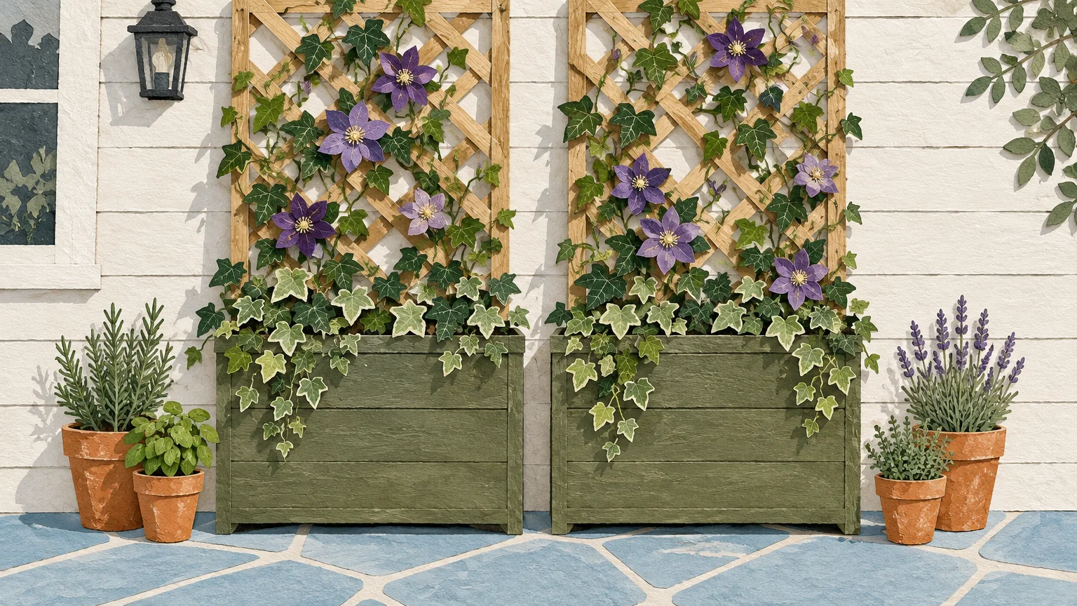 Paper collage of two green planter boxes with wooden lattice trellises and purple flowers against a white wall.