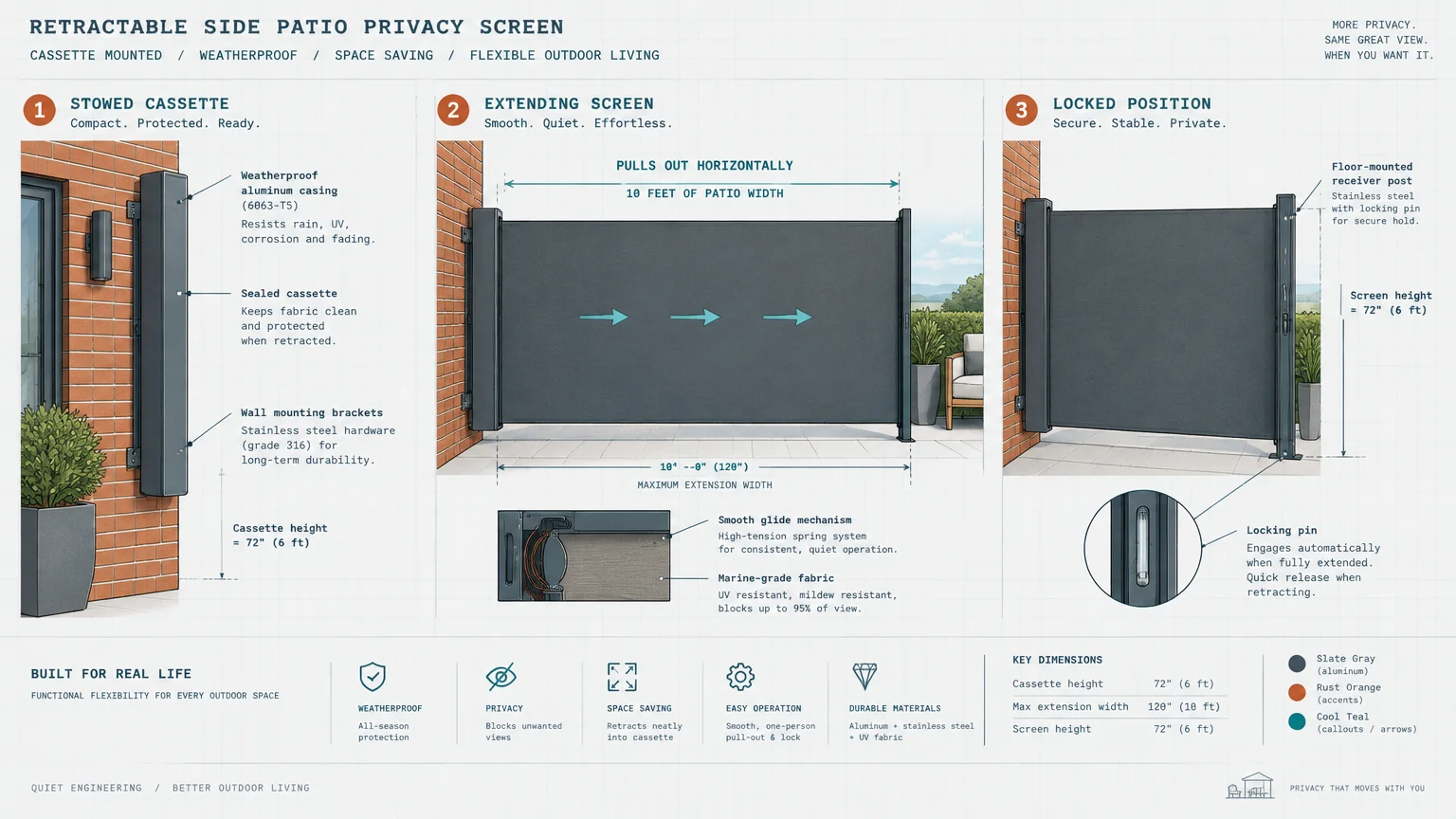 Diagram showing a retractable patio privacy screen in stowed, extending, and locked positions with dimensions.
