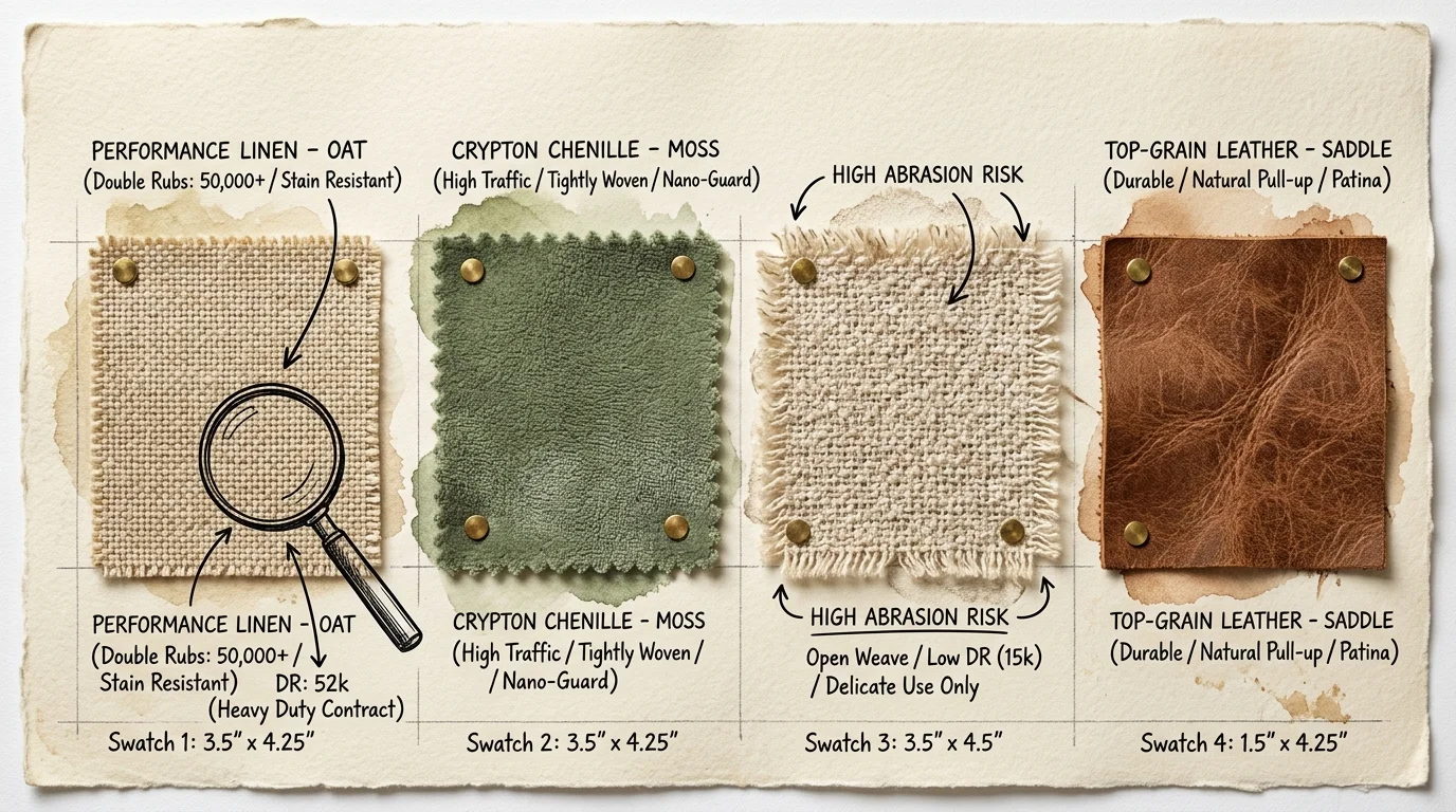 Illustration of four pinned fabric swatches labeled with fabric types, double rub ratings, and durability notes.