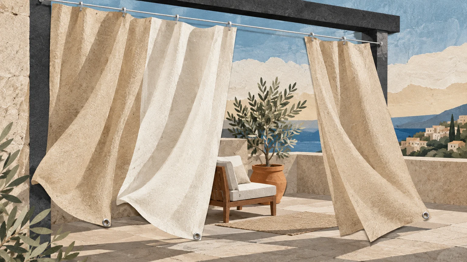 Collage illustration of textured beige curtains blowing in the wind on a Mediterranean patio overlooking the sea.
