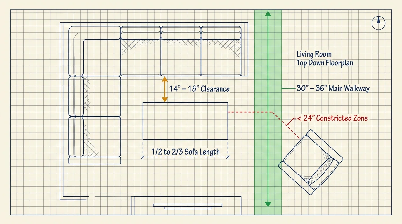 Top-down living room floor plan diagram showing furniture clearance standards and walkways on grid paper.