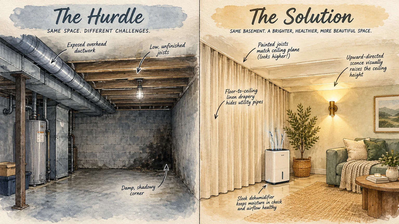 Split diagram comparing an unfinished basement hurdle to a finished solution with a dehumidifier and sofa.