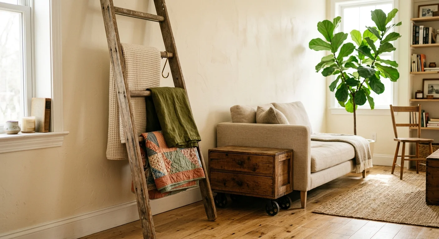 A rustic wooden ladder holds folded blankets beside a sofa, potted fiddle-leaf fig tree, and side table on wheels.