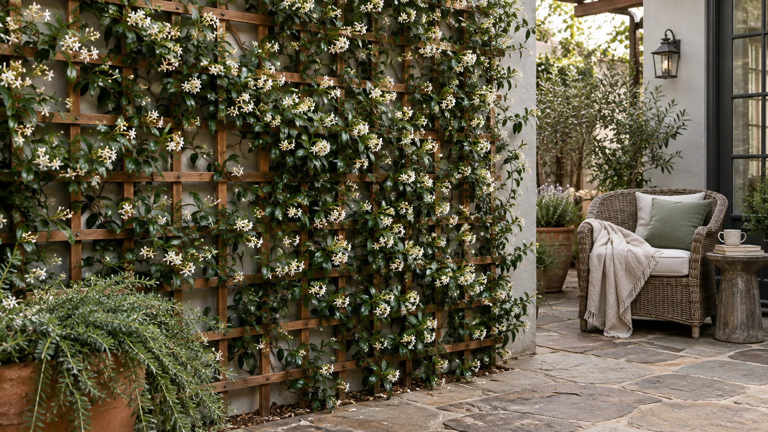 Flowering climbing vines grow on a wooden wall trellis beside a stone patio with a wicker armchair and potted plants.