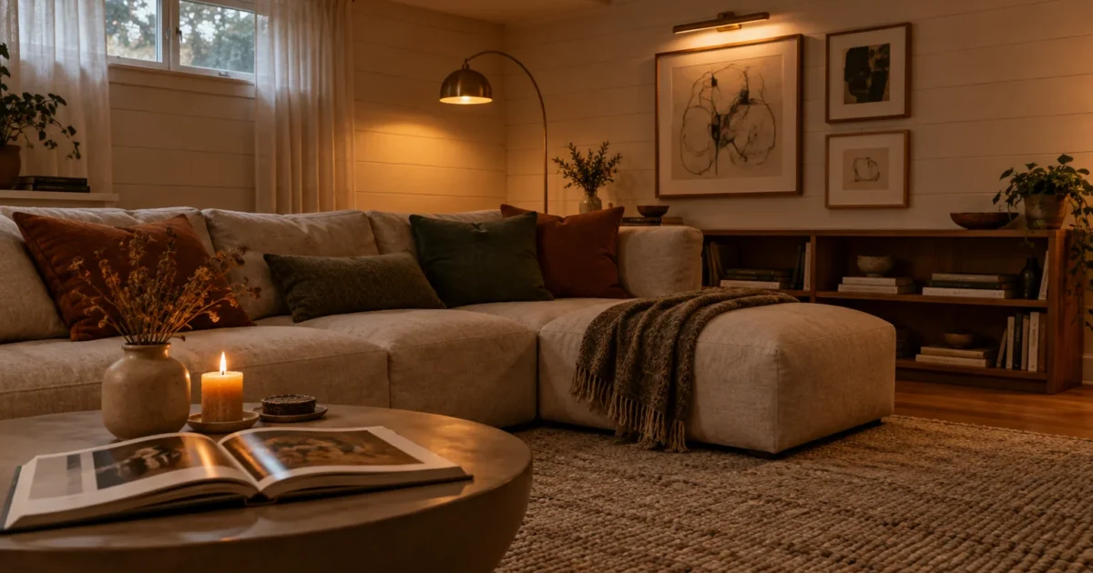 Cozy basement living room with a sectional sofa, coffee table, lit candle, warm lamps, and framed art.