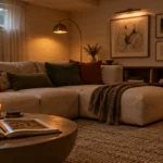 Cozy basement living room with a sectional sofa, coffee table, lit candle, warm lamps, and framed art.