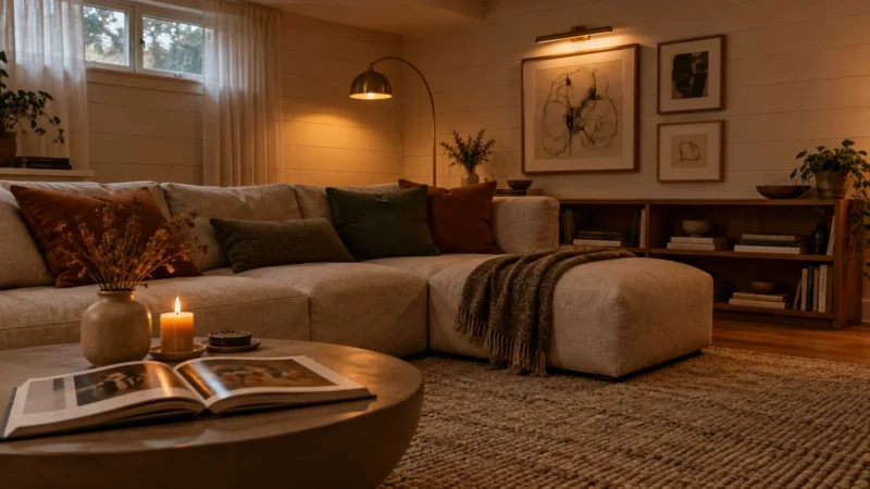 Cozy basement living room with a sectional sofa, coffee table, lit candle, warm lamps, and framed art.