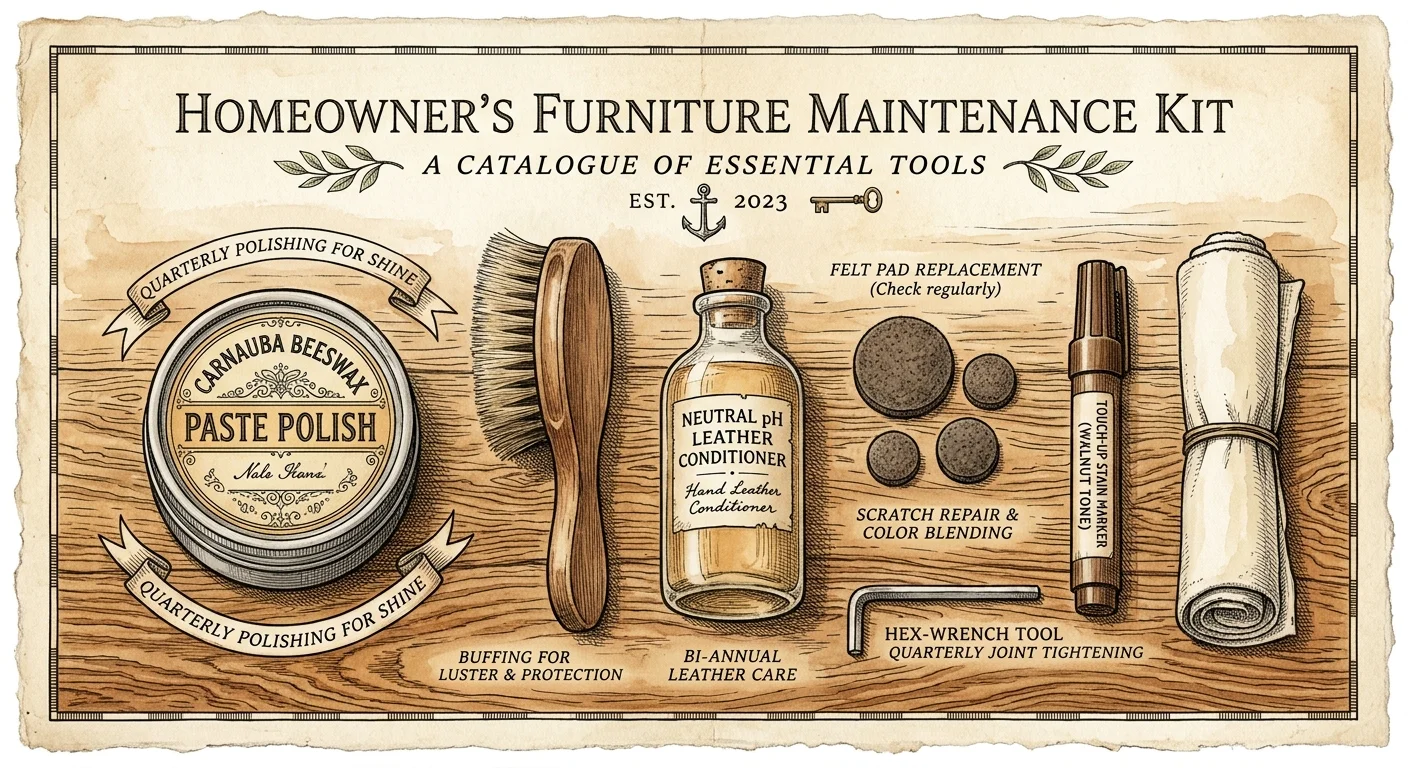 Illustrated furniture maintenance kit featuring paste polish, brush, leather conditioner, felt pads, hex wrench, and cloth.