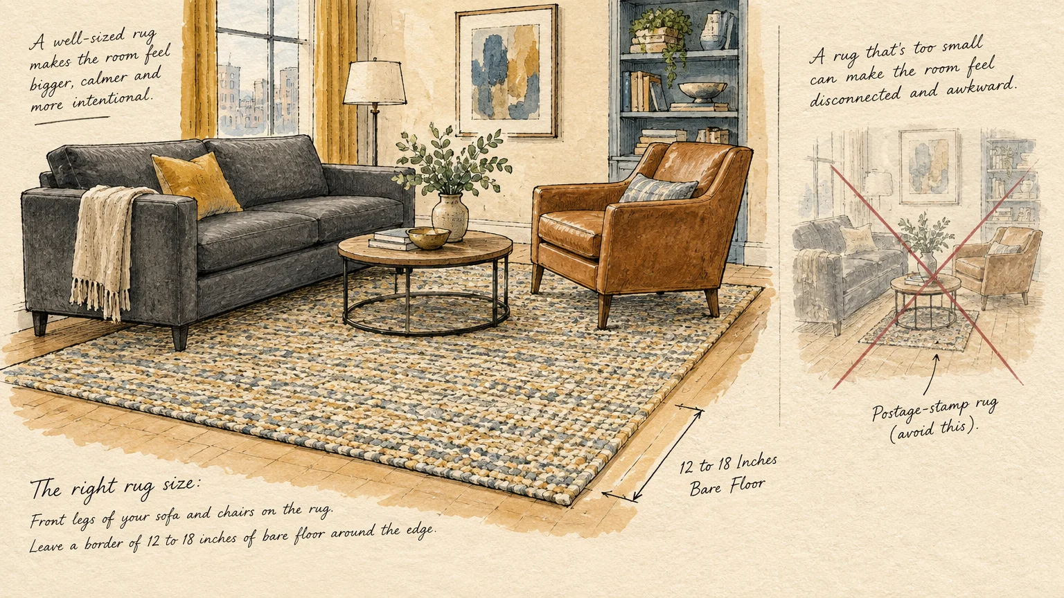 Illustrated comparison showing a properly sized living room rug anchoring seating versus a crossed-out undersized rug.
