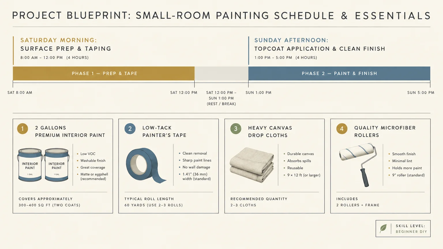 Infographic showing a weekend painting timeline alongside four supply panels including paint, tape, drop cloths, and rollers.