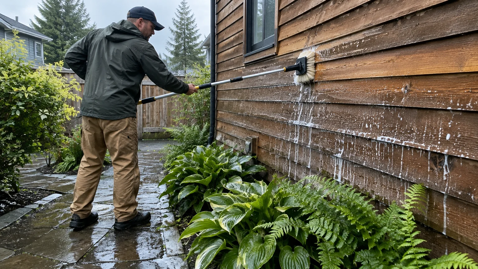 A man uses an extendable brush to scrub soapy cleaner onto the wood siding of a house above leafy plants.