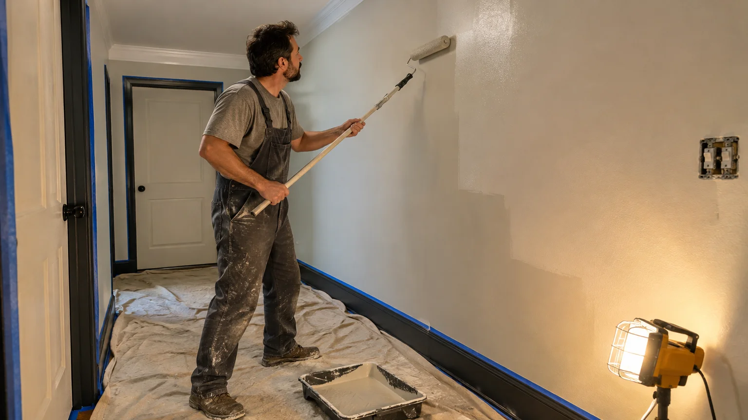 A painter using a long roller to apply light paint to a hallway wall illuminated by a work light.