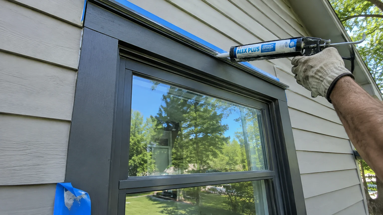 A gloved hand applies sealant from a caulk gun above dark gray window trim on house siding.