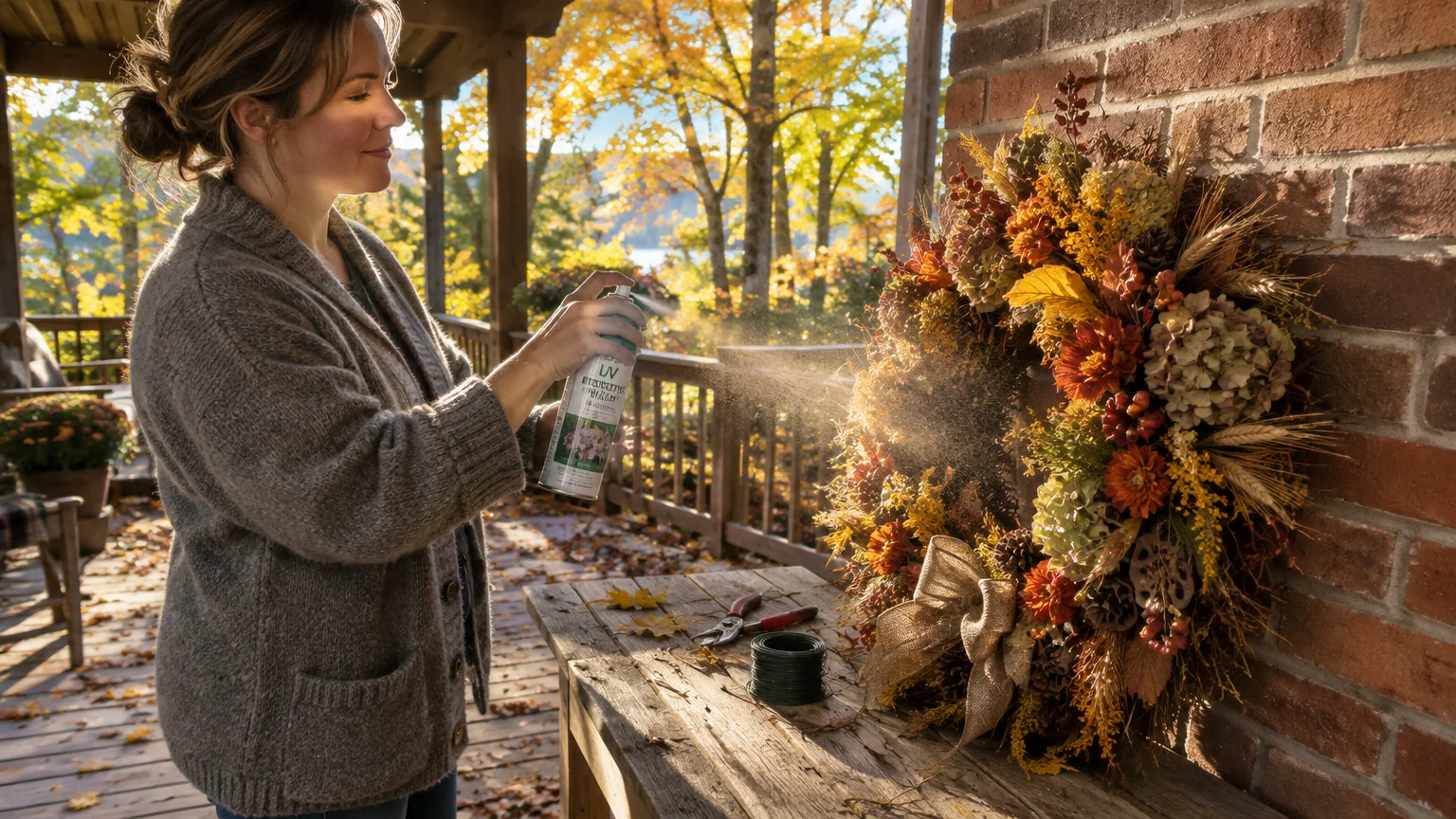 A woman outdoors sprays an aerosol UV protectant onto a full autumn wreath resting against a brick pillar on a porch.