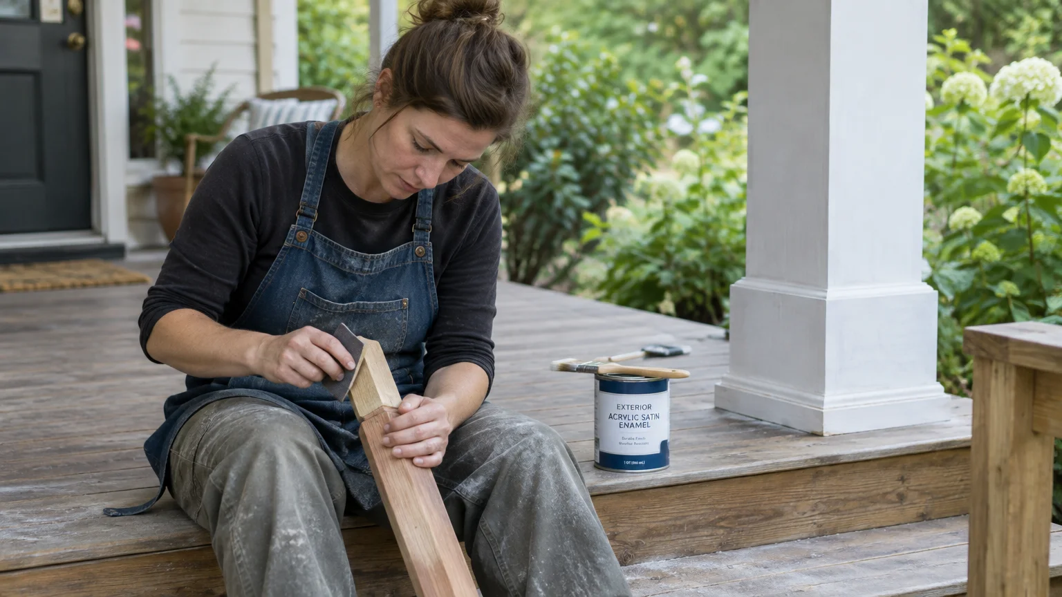 A woman sitting on porch steps sands a wooden baluster next to a can of exterior enamel paint and brushes.