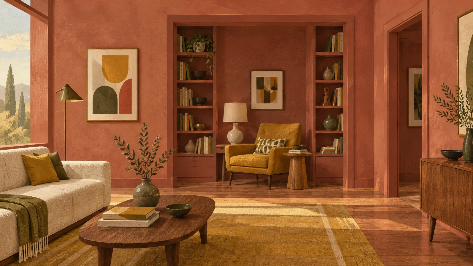 Illustration of a terracotta-painted living room with matching walls, baseboards, and built-in bookshelves.