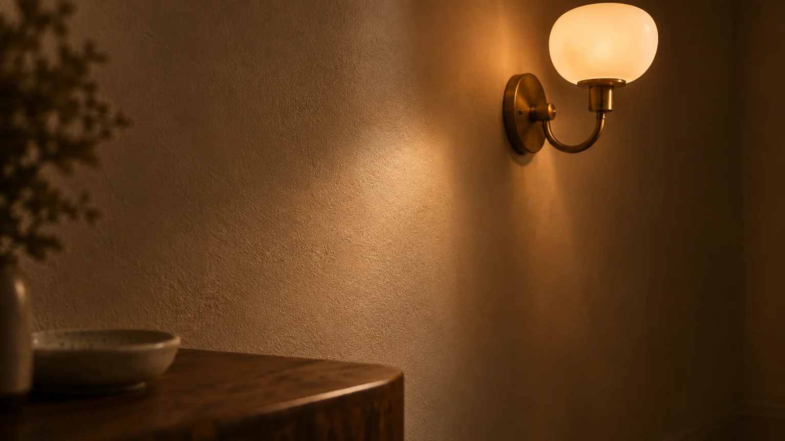 A warm glowing brass wall sconce illuminates a textured beige wall beside a wooden tabletop with a ceramic bowl.