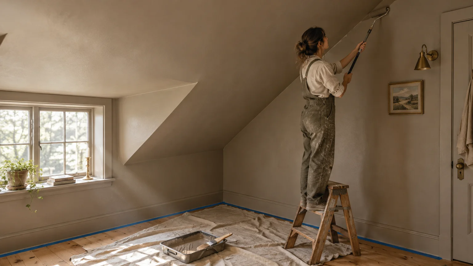 Woman on a wooden stepladder using a paint roller to apply beige paint to a sloped attic ceiling.