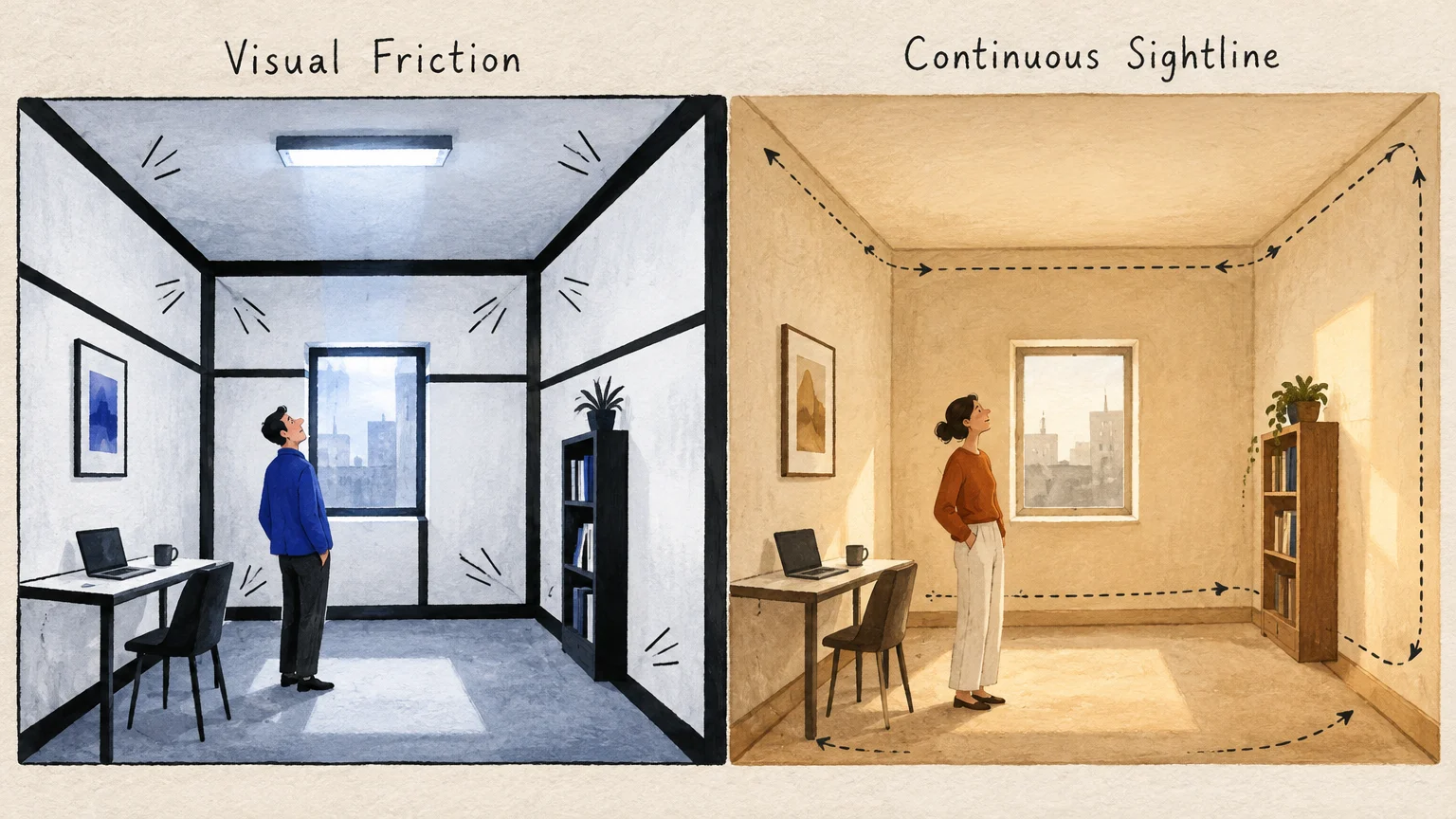 Split illustration comparing a stark, cold room labeled Visual Friction with a warm, continuous-toned room.