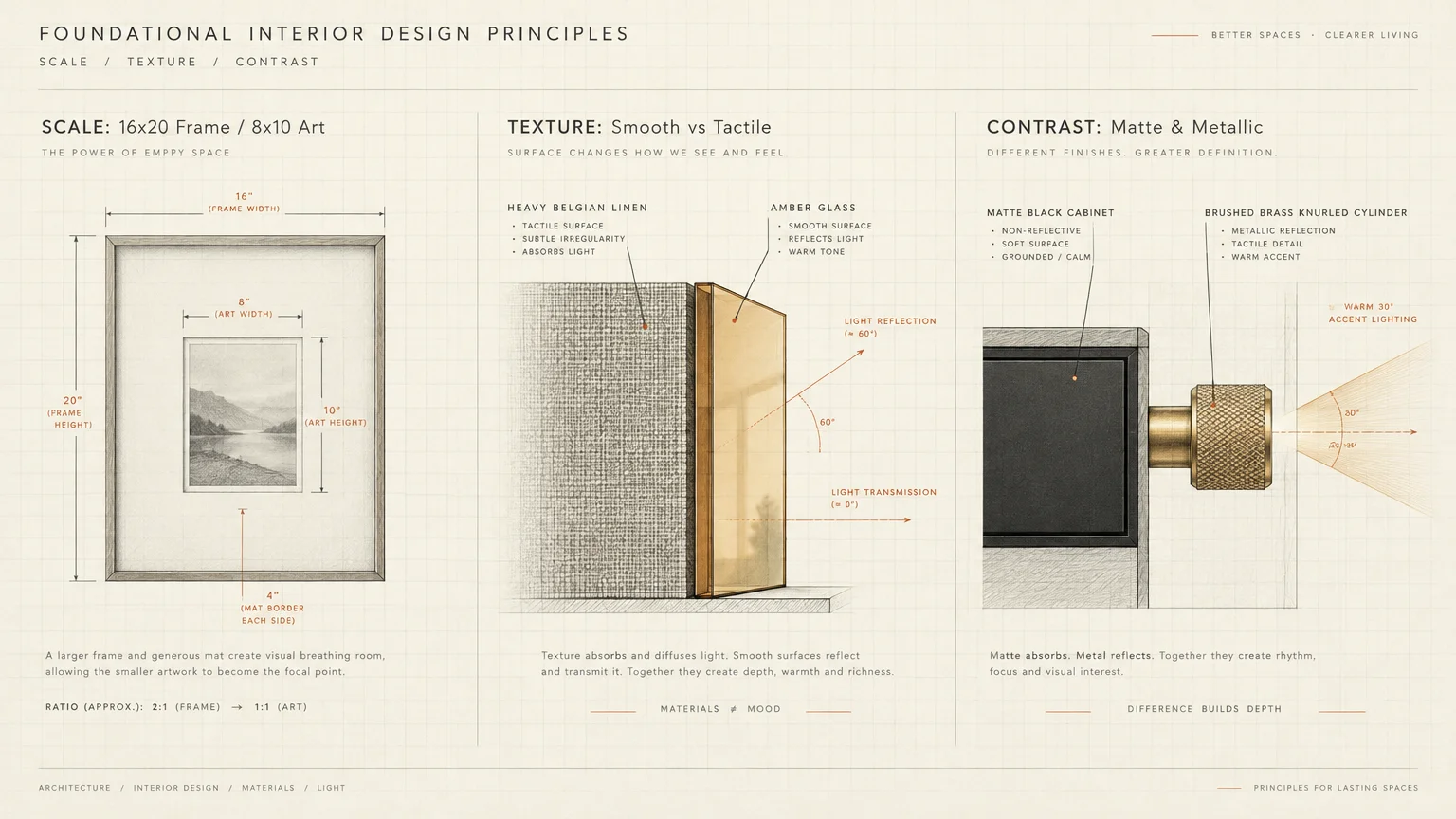 Diagram illustrating scale with a framed print, texture with linen and glass, and contrast with a brass cabinet knob.