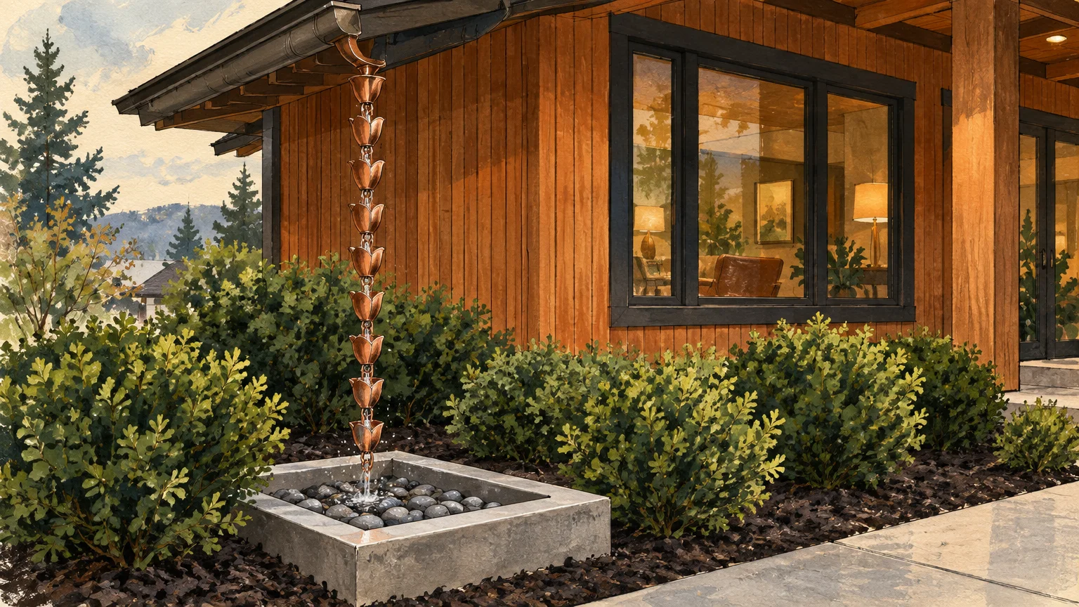 Copper rain chain directing water into a stone pebble basin beside a wooden house with dark window trim and shrubs.