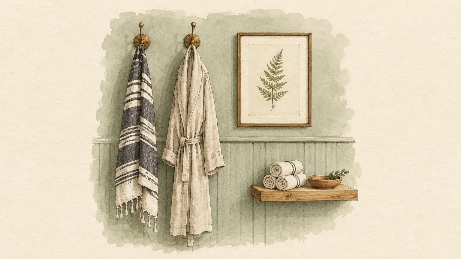 Watercolor illustration of a striped towel, robe, fern print frame, and rolled towels on a wooden floating shelf.