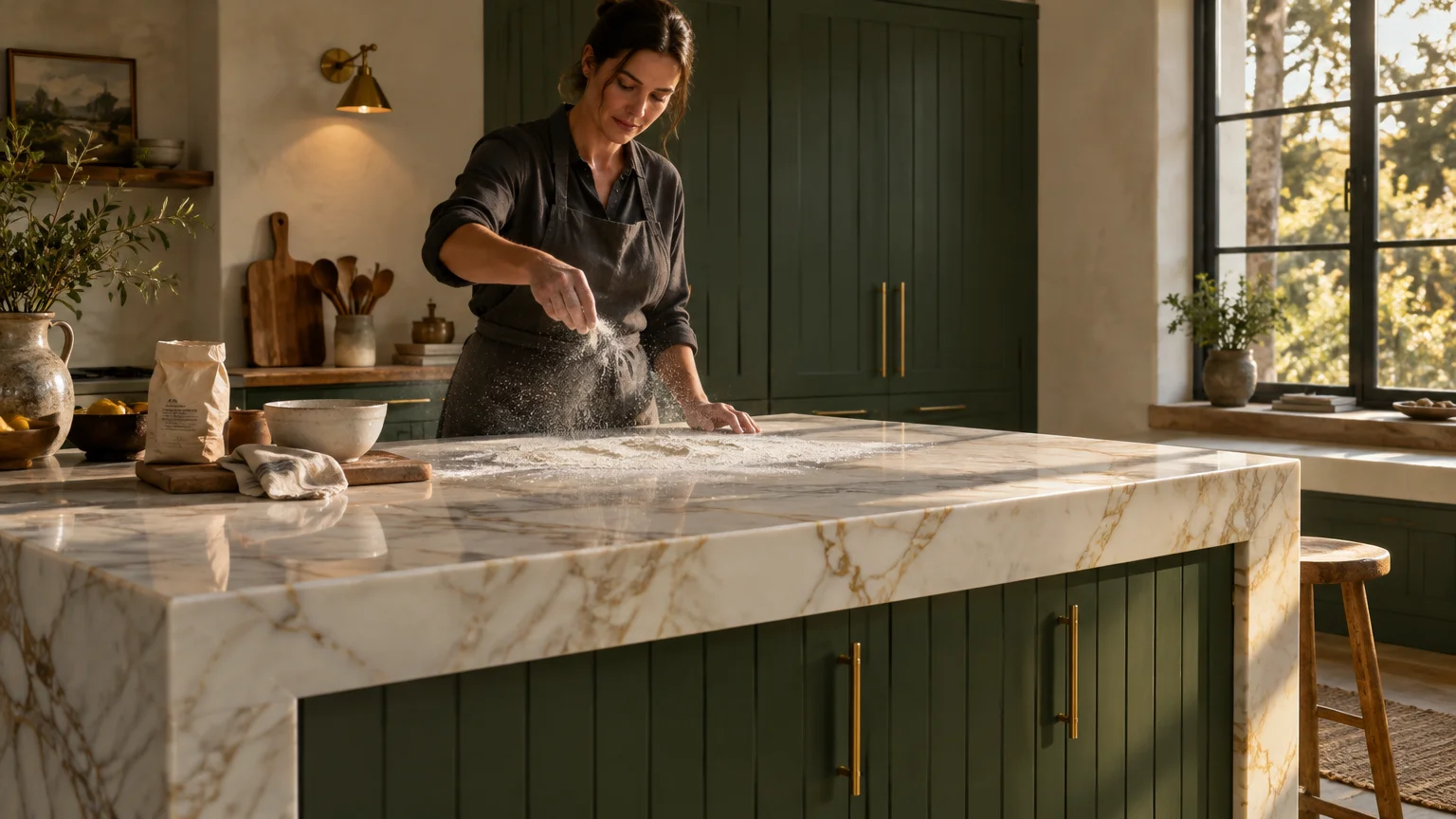 A woman scatters flour on a thick marble island with green wood paneling in a rustic, sunlit kitchen.