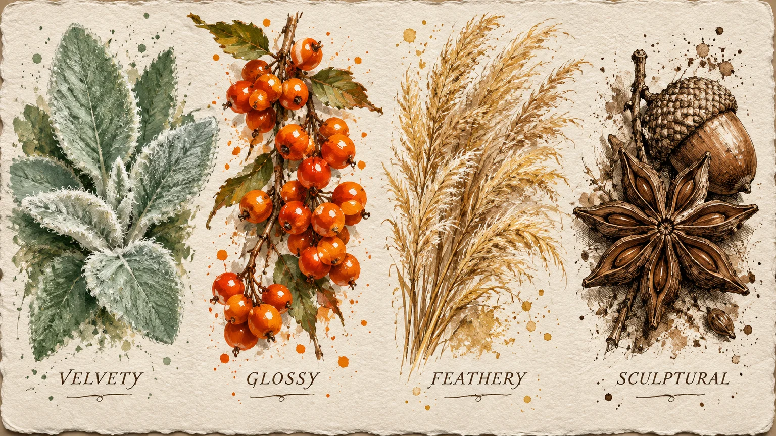 Illustration of four botanical textures labeled velvety sage, glossy berries, feathery grasses, and sculptural seed pods.