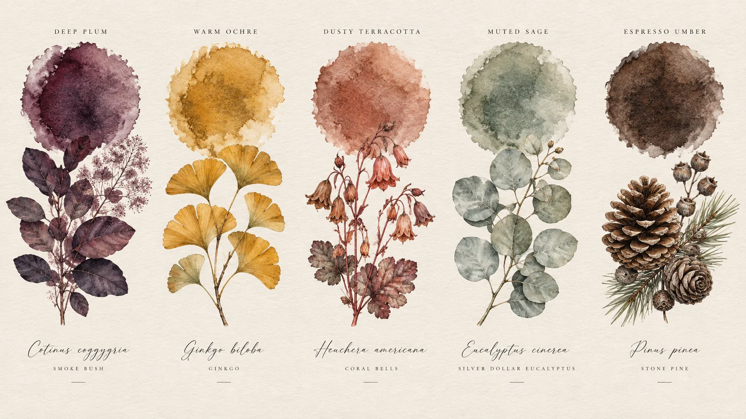 Watercolor palette swatches in plum, ochre, terracotta, sage, and umber above botanical sprigs with Latin labels.