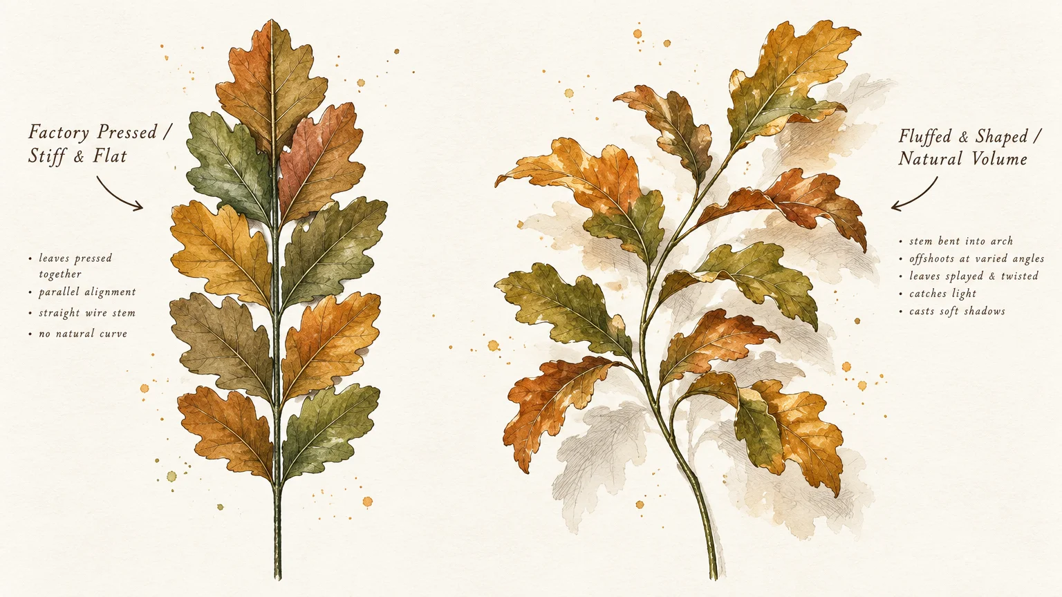 Botanical illustration comparing a flat, straight artificial leaf stem to a fluffed, naturally arched stem.