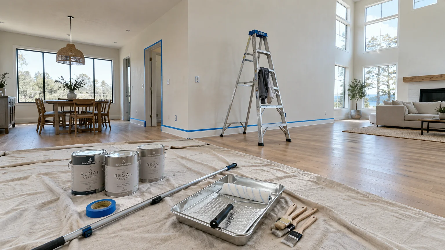Paint cans, roller, brushes, and ladder arranged on a drop cloth in an open concept living and dining room.