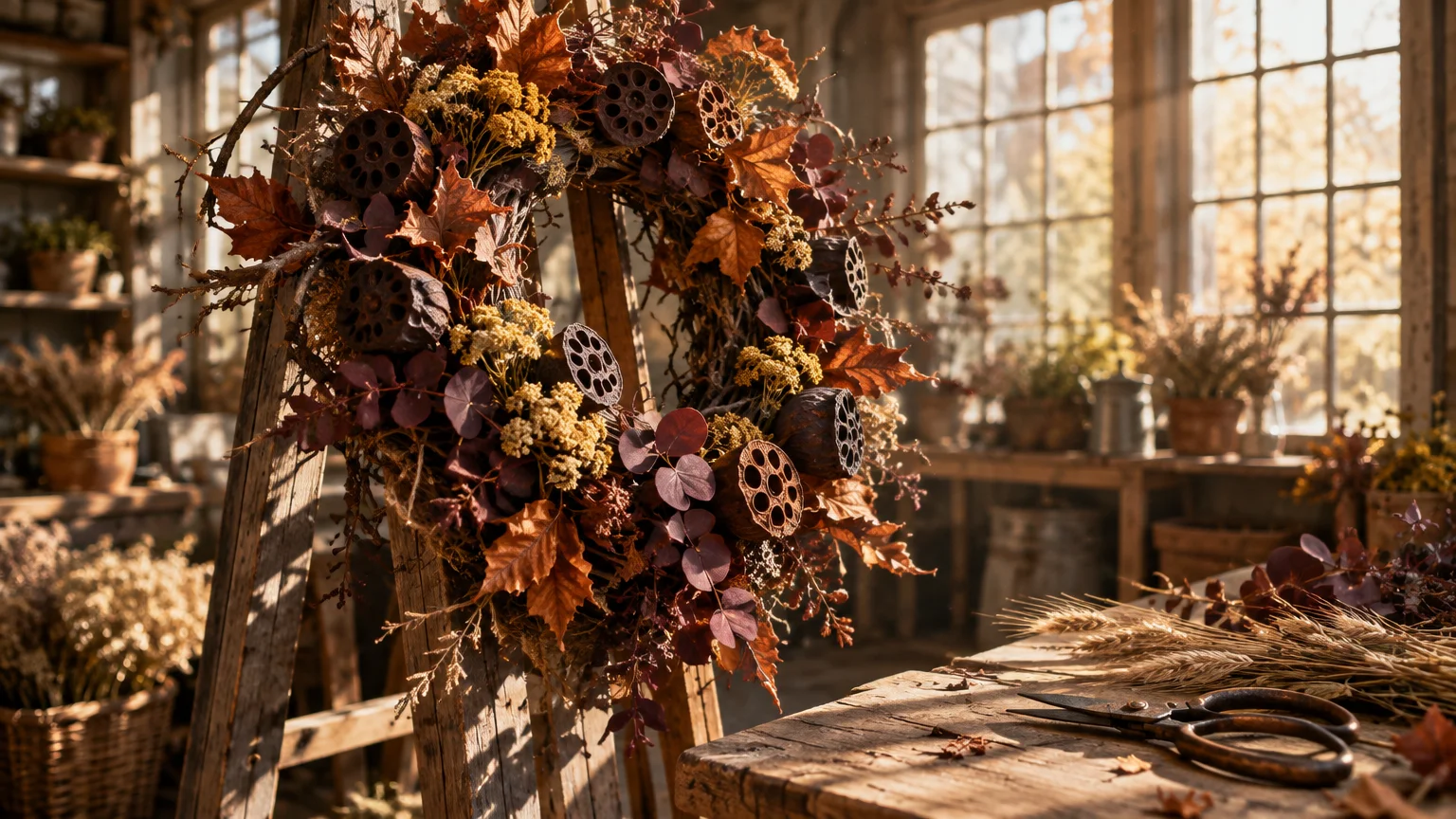 Autumn wreath made with dried leaves, lotus pods, and yellow flowers on a rustic wooden easel in a workshop.