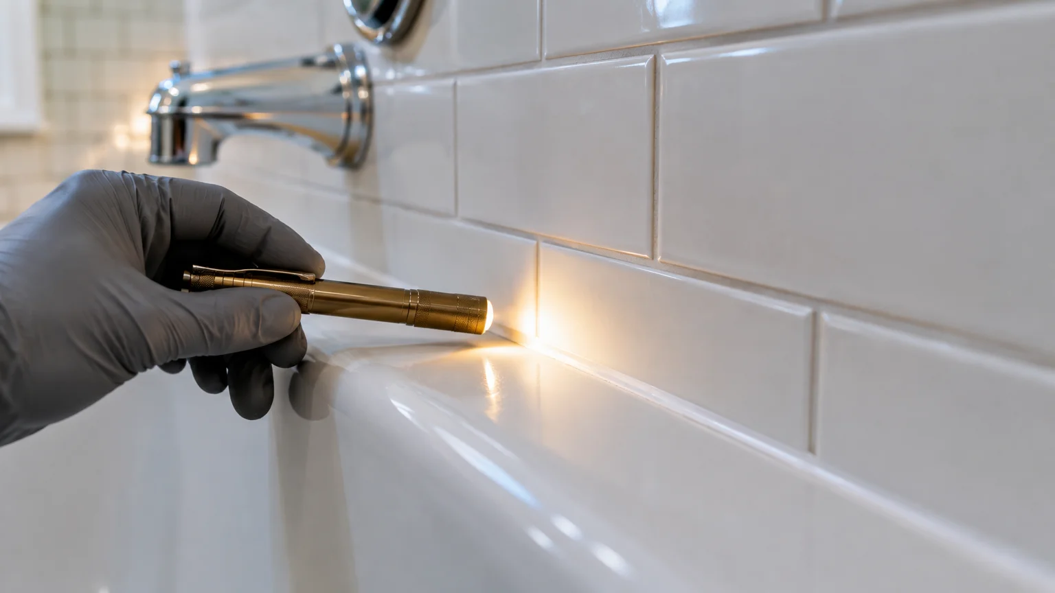 A gloved hand shines a small gold flashlight along the caulk line between white subway tiles and a bathtub ledge.