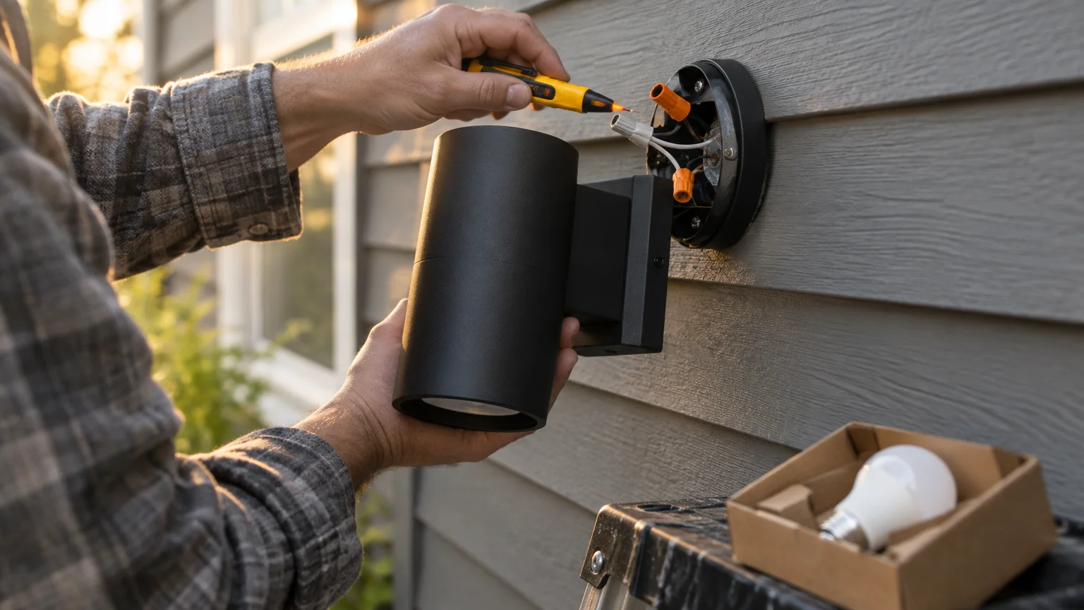 Person testing electrical wires with a yellow voltage tester while mounting a black modern outdoor wall sconce.