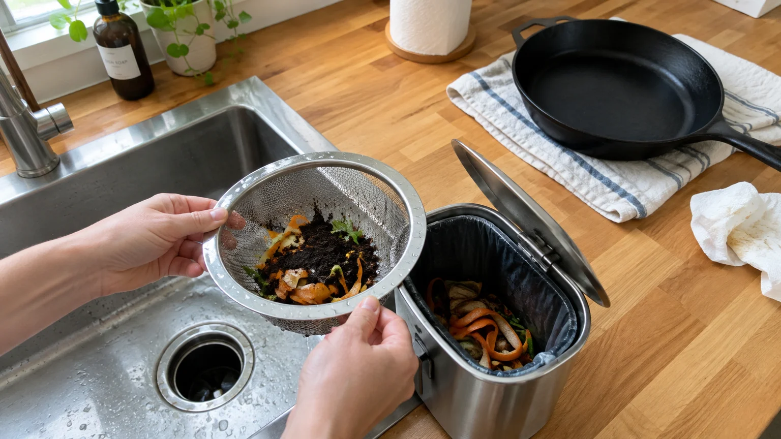 Hands holding a metal mesh strainer filled with food scraps over a countertop compost bin next to a sink.