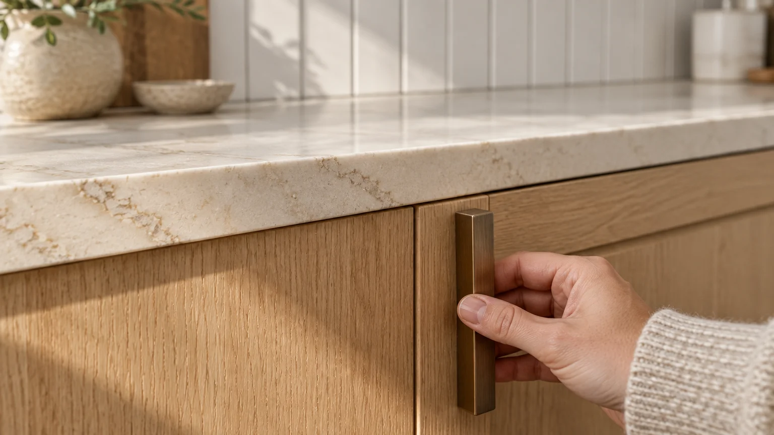 Hand grasping a brass handle on light oak cabinets topped with a thick veined quartz countertop.