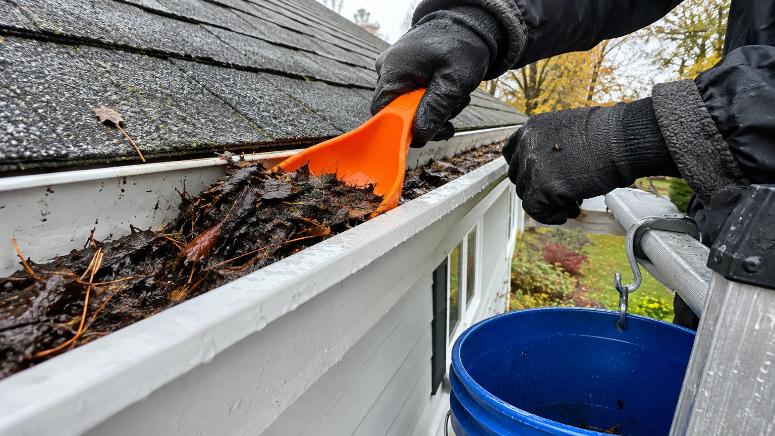A person wearing black gloves uses an orange scoop to clear wet leaves from a white gutter next to a blue bucket.