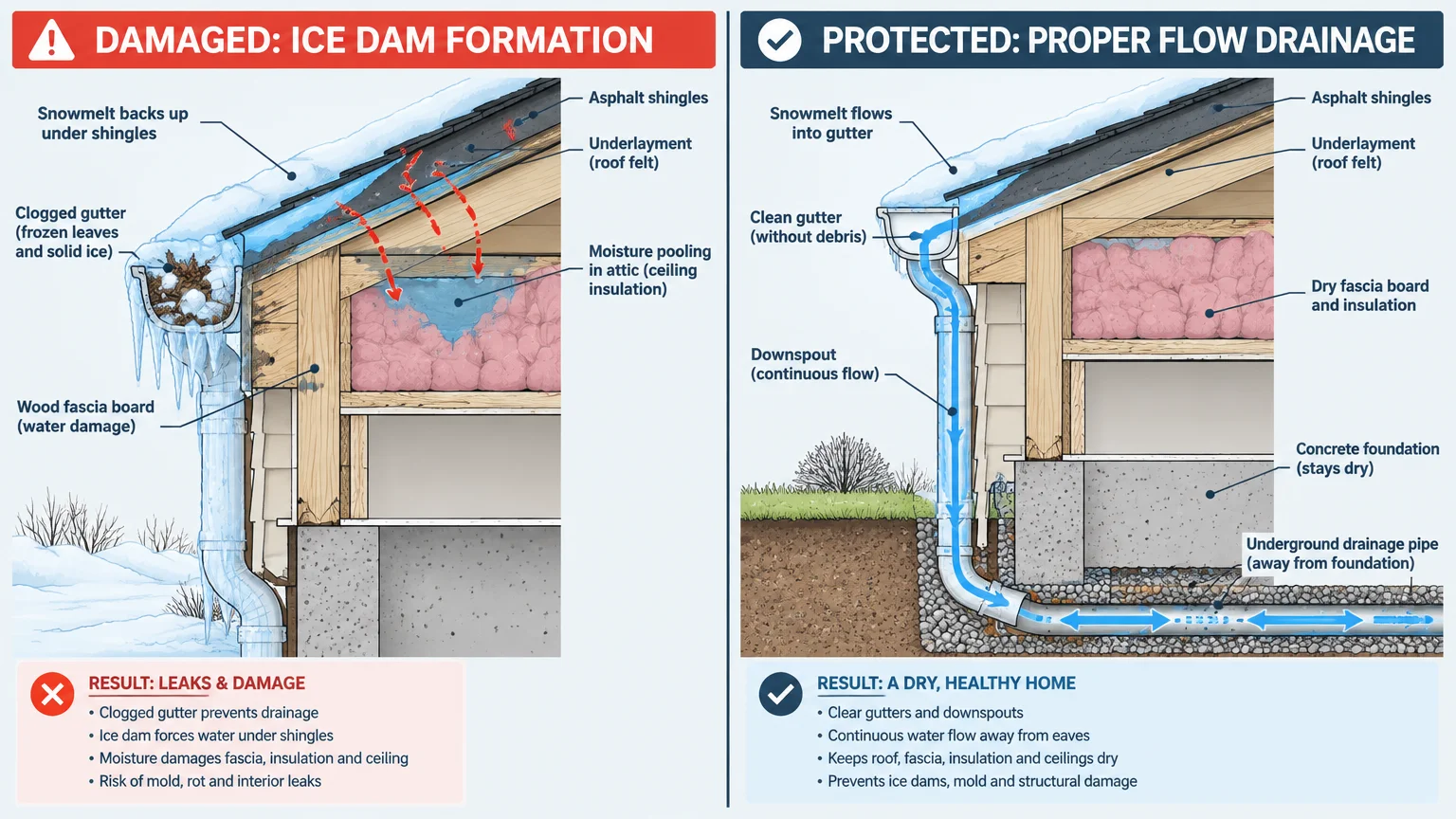 Diagram contrasting ice dam formation and attic moisture damage from clogged gutters against proper water flow drainage.