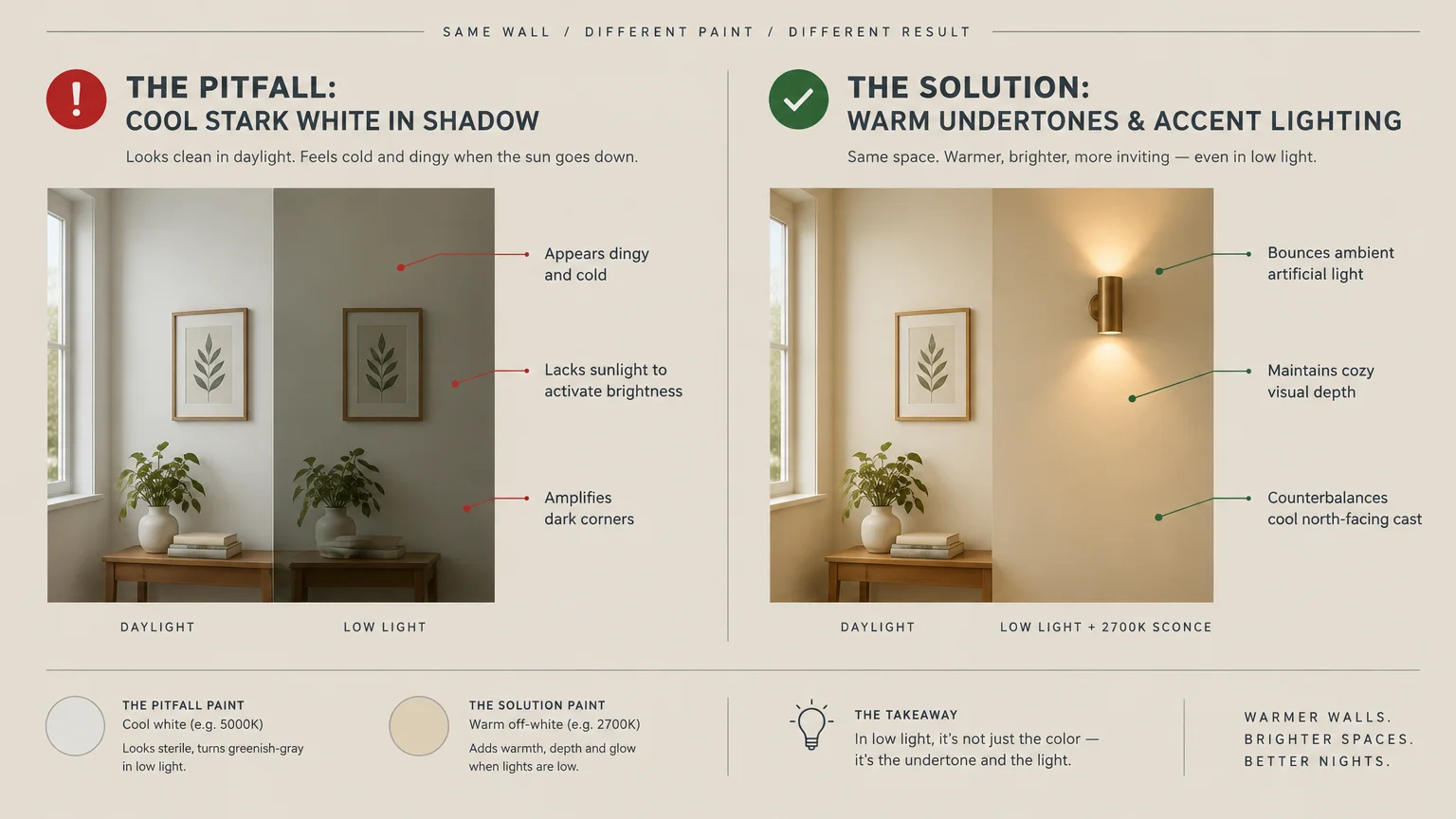 Side-by-side comparison diagram showing cool white walls versus warm undertone walls in daylight and low lighting.