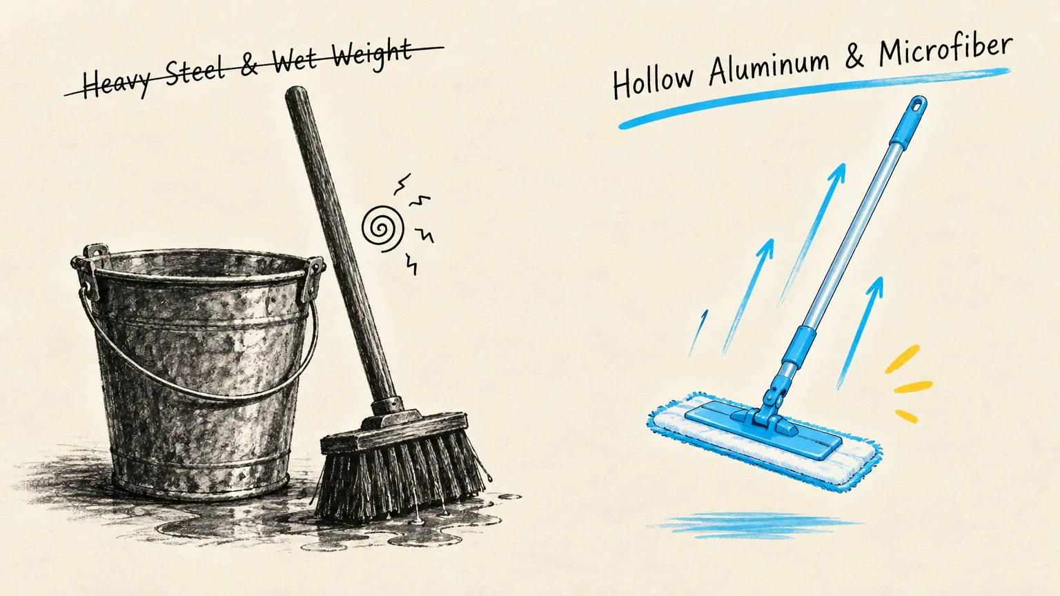 Illustration comparing a heavy steel bucket and wet broom on the left to a lightweight microfiber mop on the right.