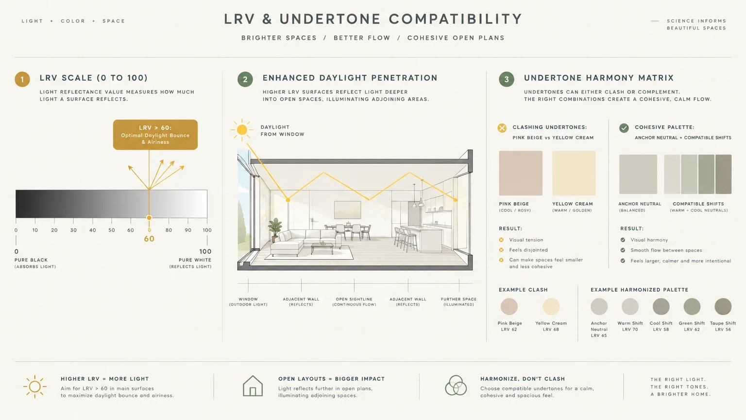 Diagram illustrating LRV scale, daylight bounce through a cross-section room, and clashing versus cohesive paint undertones.