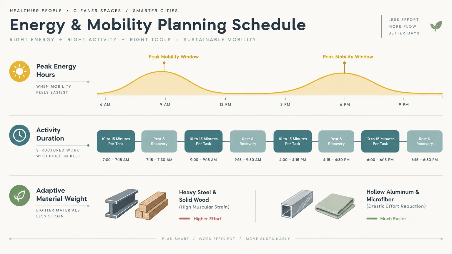 Diagram showing an energy planning schedule with daily peak mobility curves, task intervals, and material weight comparisons.