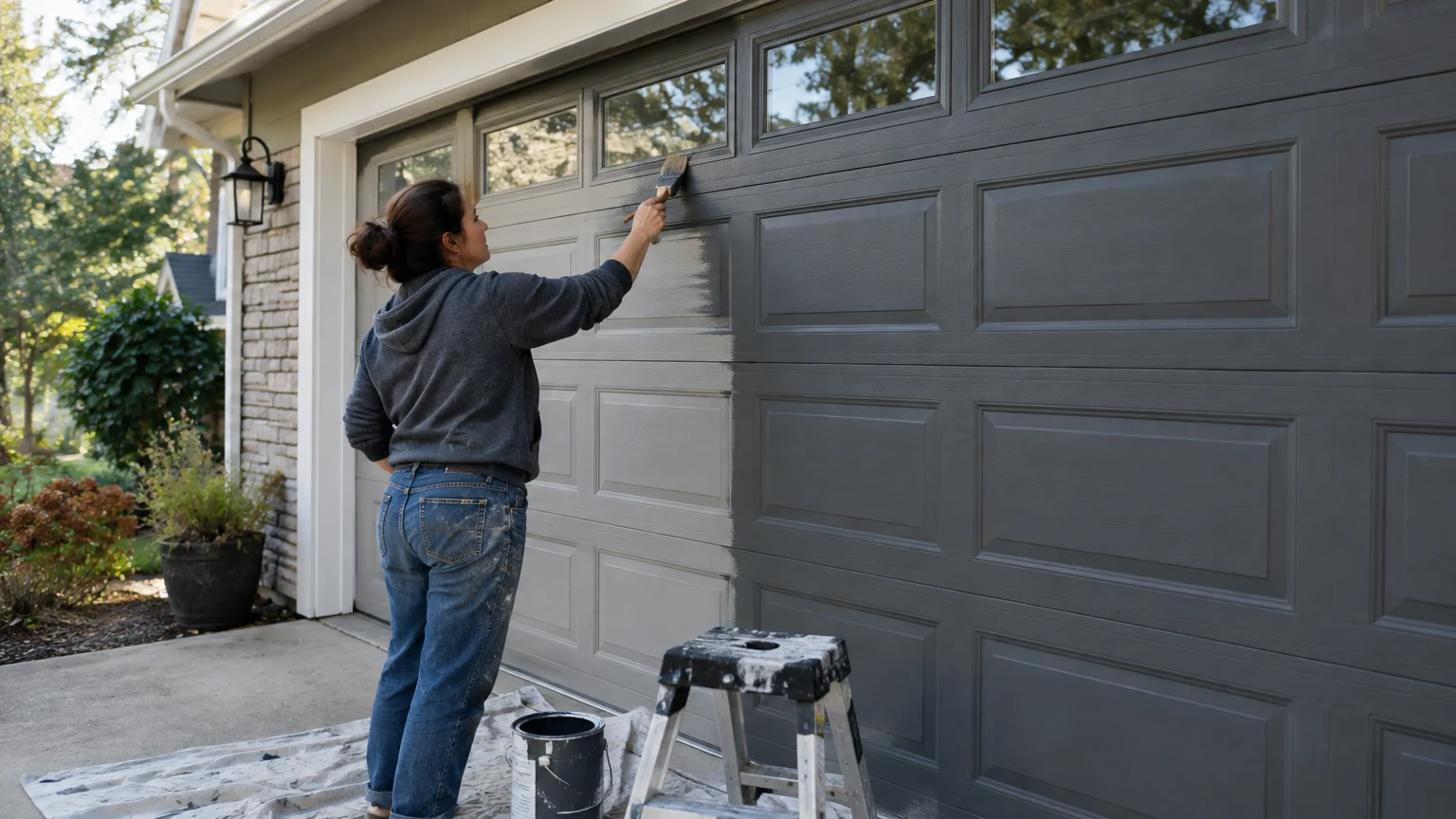 A woman paints a paneled garage door dark gray with a brush while standing outside a suburban house.