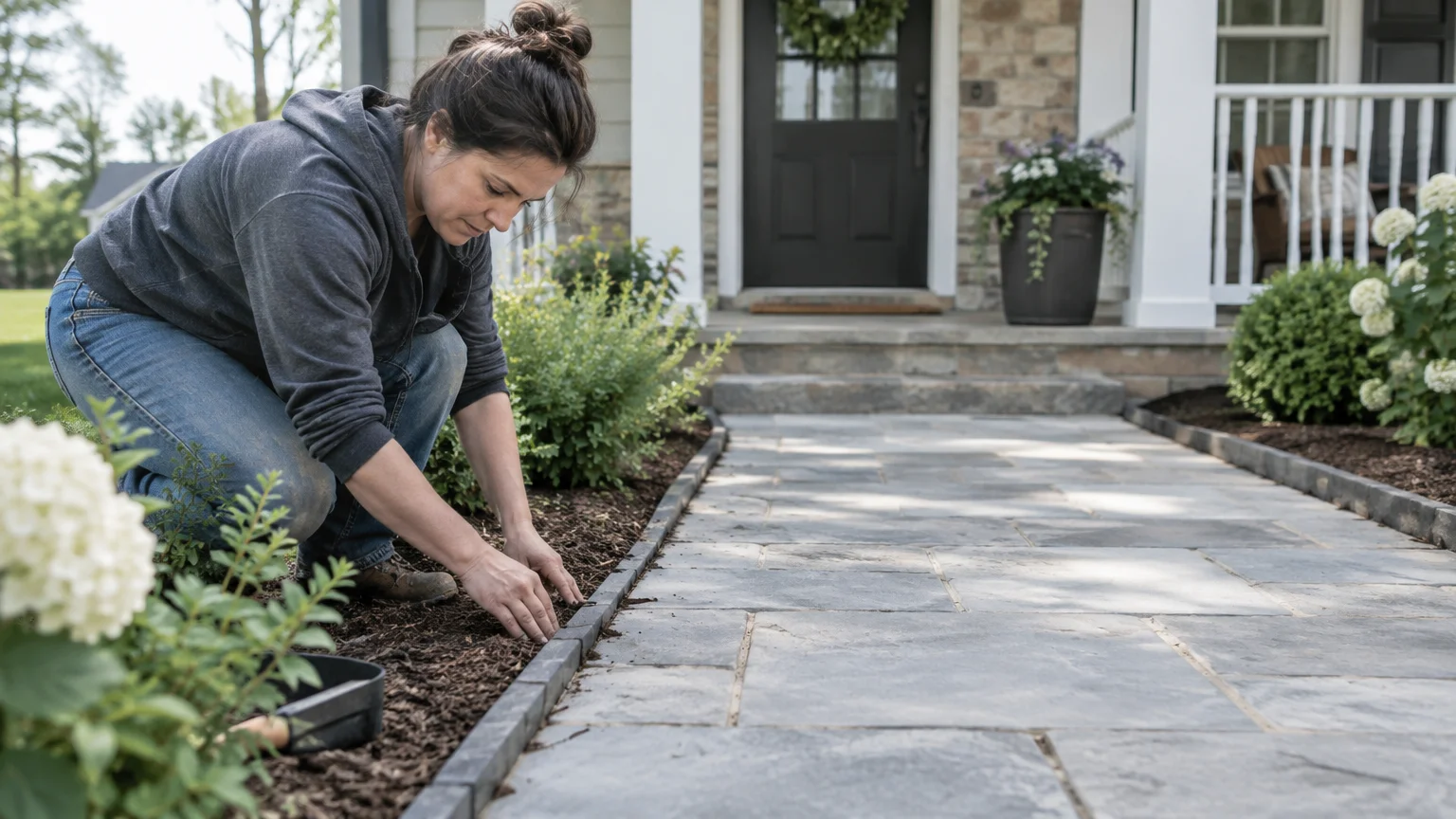 A woman kneels in mulch along a stone paver walkway leading to a front porch, adjusting the border edge.