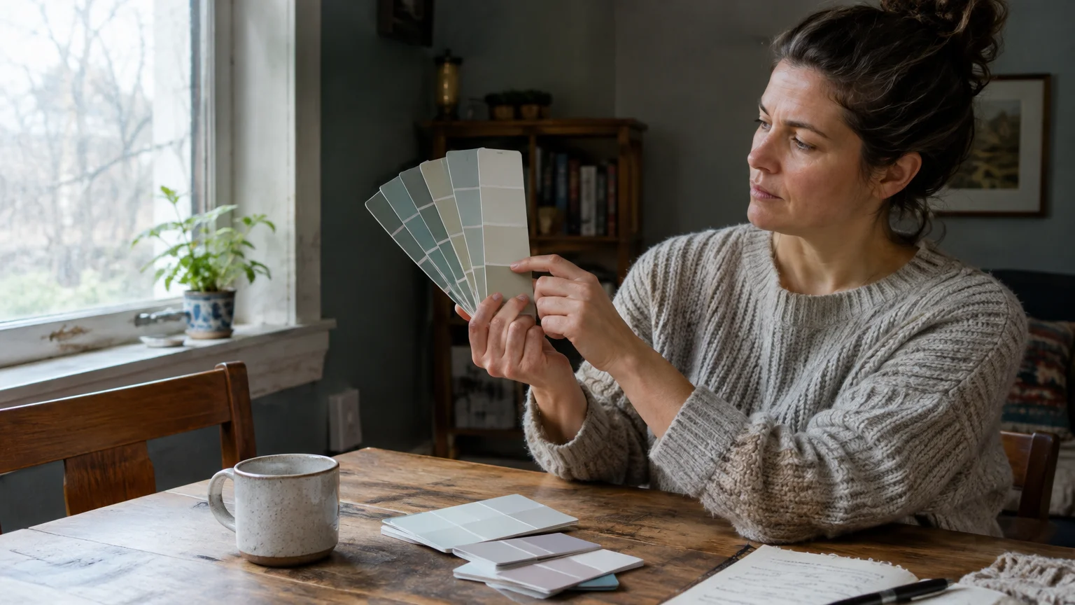 A woman sitting at a wooden table examines a fanned set of neutral and green paint swatches.