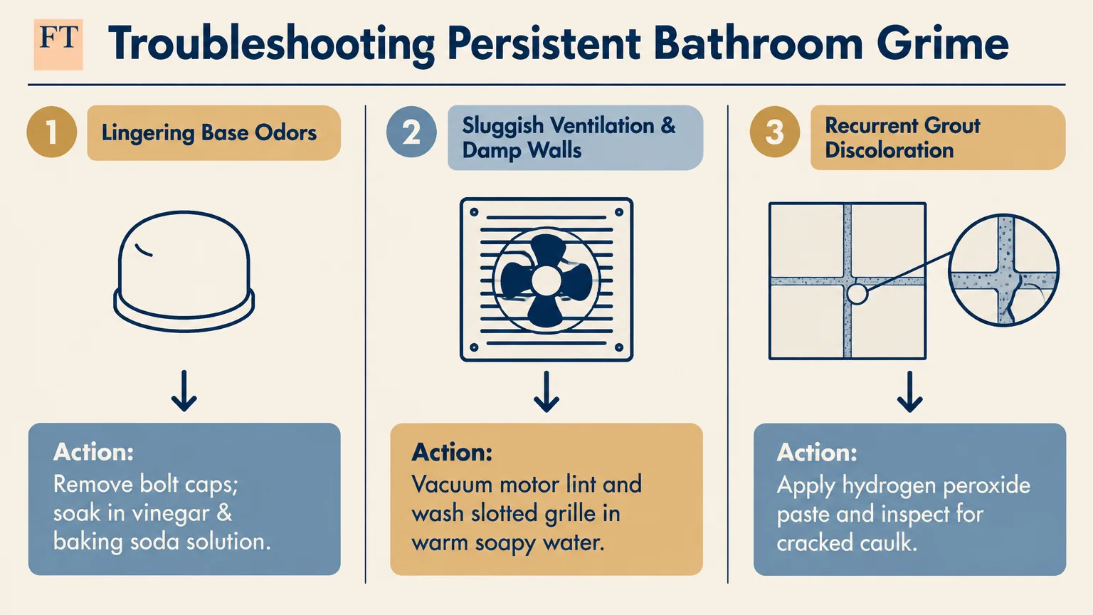 Three-step infographic diagram detailing cleaning solutions for base odors, sluggish ventilation, and grout discoloration.