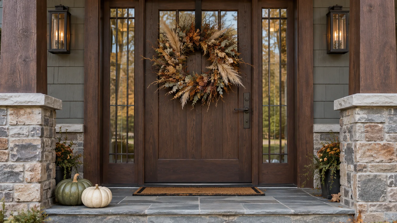A dark wood front door decorated with a large autumn wreath with dried grasses, flanked by pumpkins and sidelights.