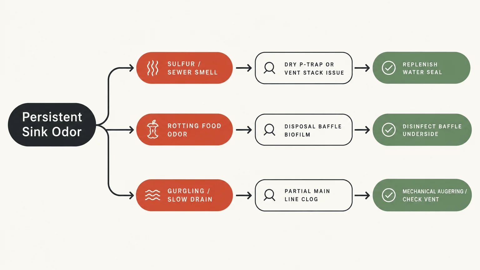 Flowchart categorizing persistent sink odor causes, such as sulfur smells or rotting food, along with troubleshooting steps.
